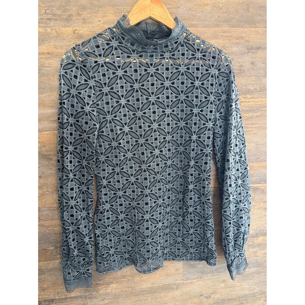 Free People Intimately Teal Blue Geometric Eyelet Lace Mock Neck Top Size Medium